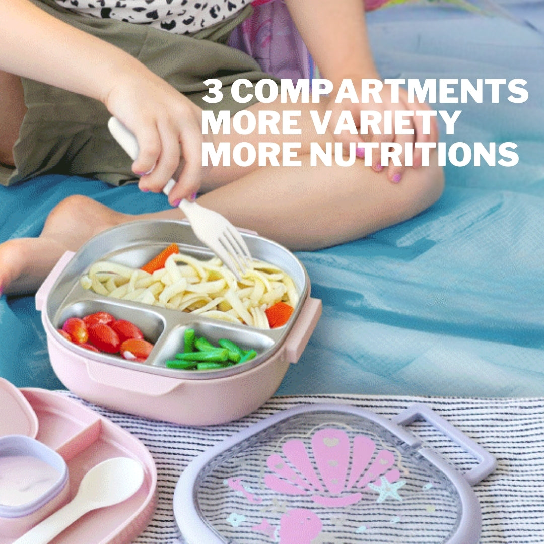 Stainless Steel Lunch Box Container (2 Tier), 3 Compartments with Fork and Spoon