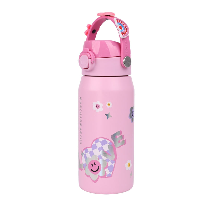 A pink water bottle with a matching pink lid and carry loop, decorated with a smiling heart, small flowers, and the word 'LOVE' on a plain white background.