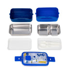 Marcus & Marcus 6-piece kids' lunch box set with blue plastic containers, stainless steel compartments, a white lid, and white plastic utensils.