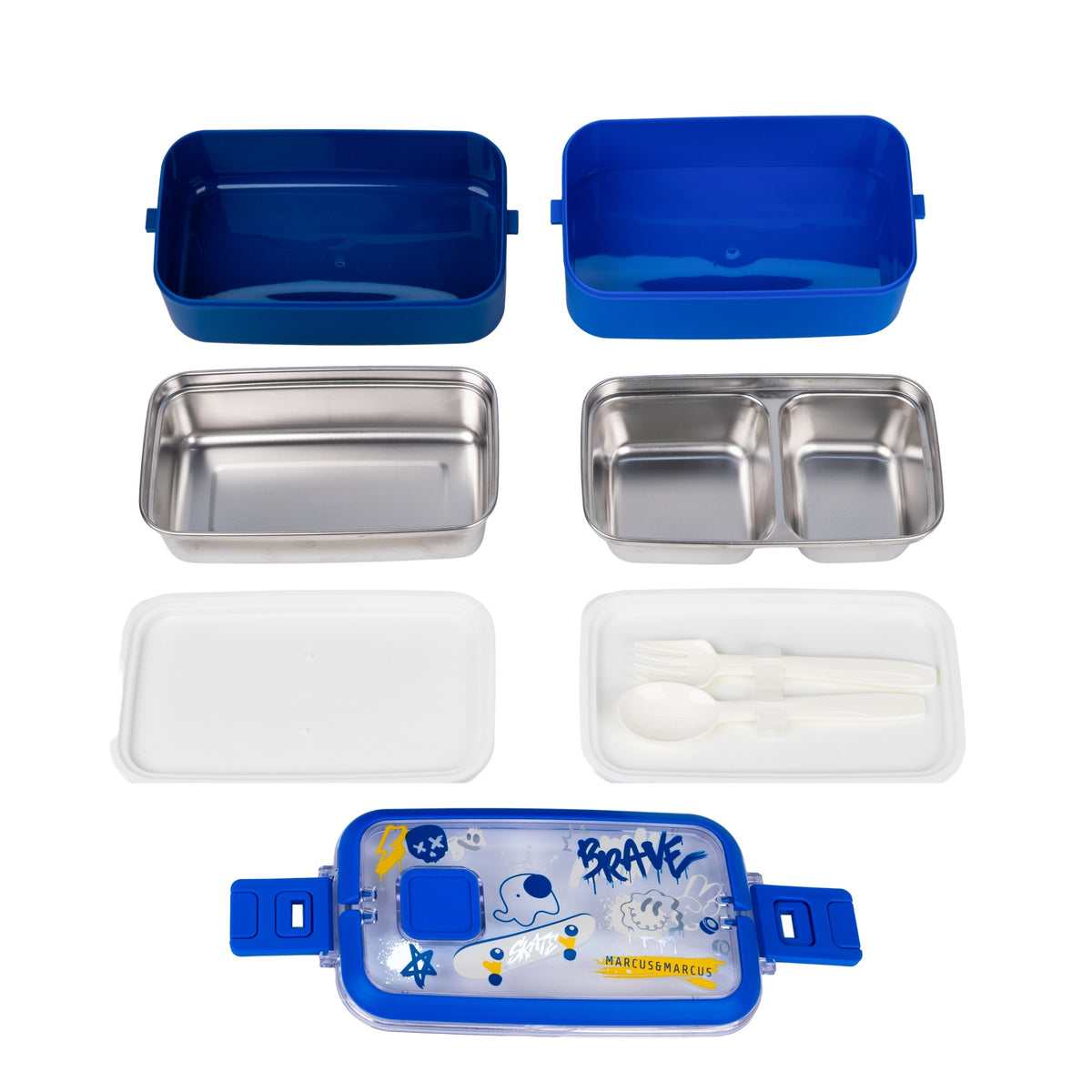 Marcus & Marcus 6-piece kids' lunch box set with blue plastic containers, stainless steel compartments, a white lid, and white plastic utensils.