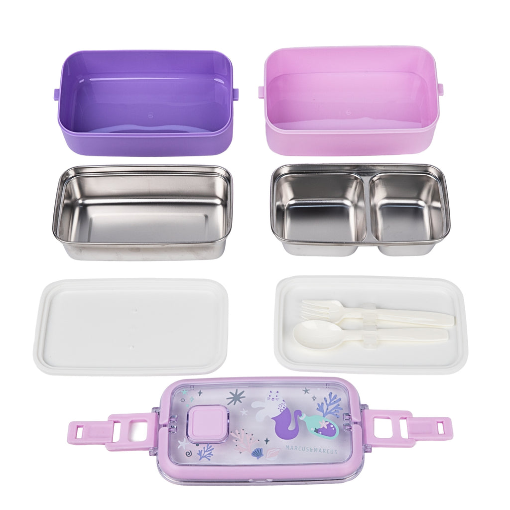 Marcus & Marcus set of lunch boxes and utensils . The set includes two purple rectangular lunch boxes, two pink dual-compartment stainless steel lunch boxes, a white lid, a white utensil tray with a spoon and fork, and a pink decorated lunch box lid featuring a mermaid design.