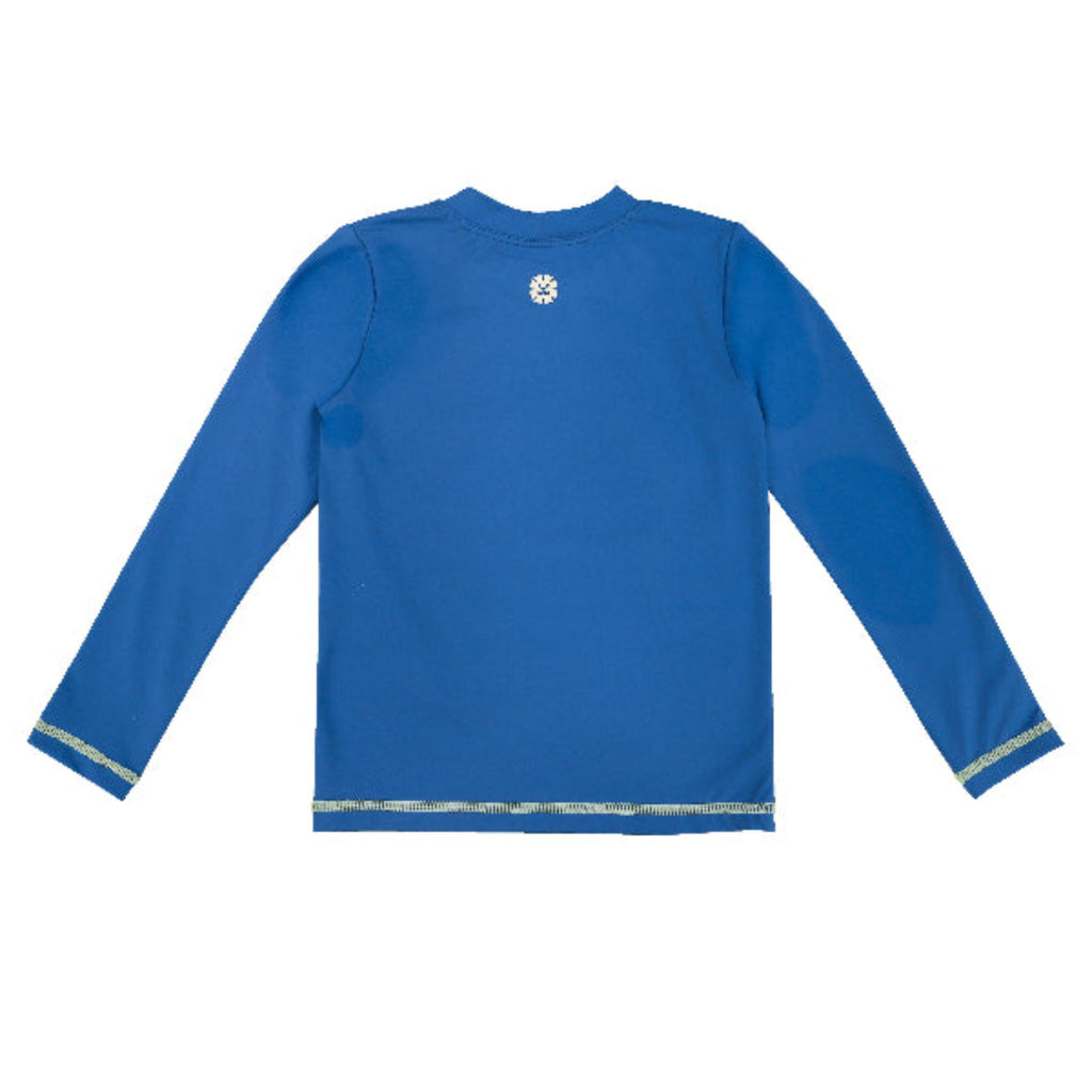 Back of Blue long-sleeve shirt with marckids logo on a white background