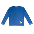 Blue long-sleeve shirt with marckids logo on a white background