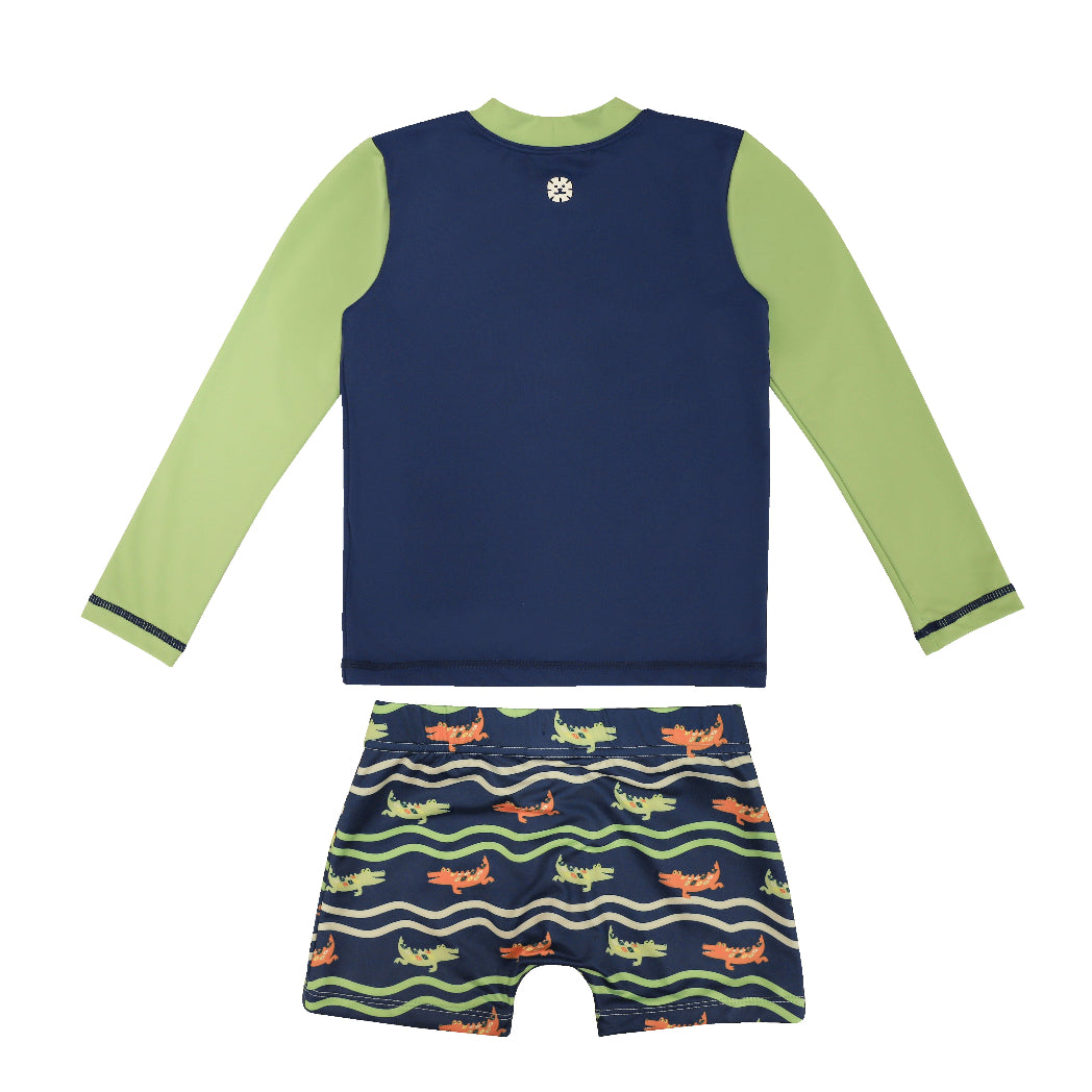 marckids children's swim set with navy long-sleeve rash guard and crocodile patterned shorts