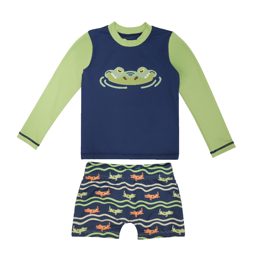 marckids children's swim set with navy long-sleeve top and shorts with crocodile pattern