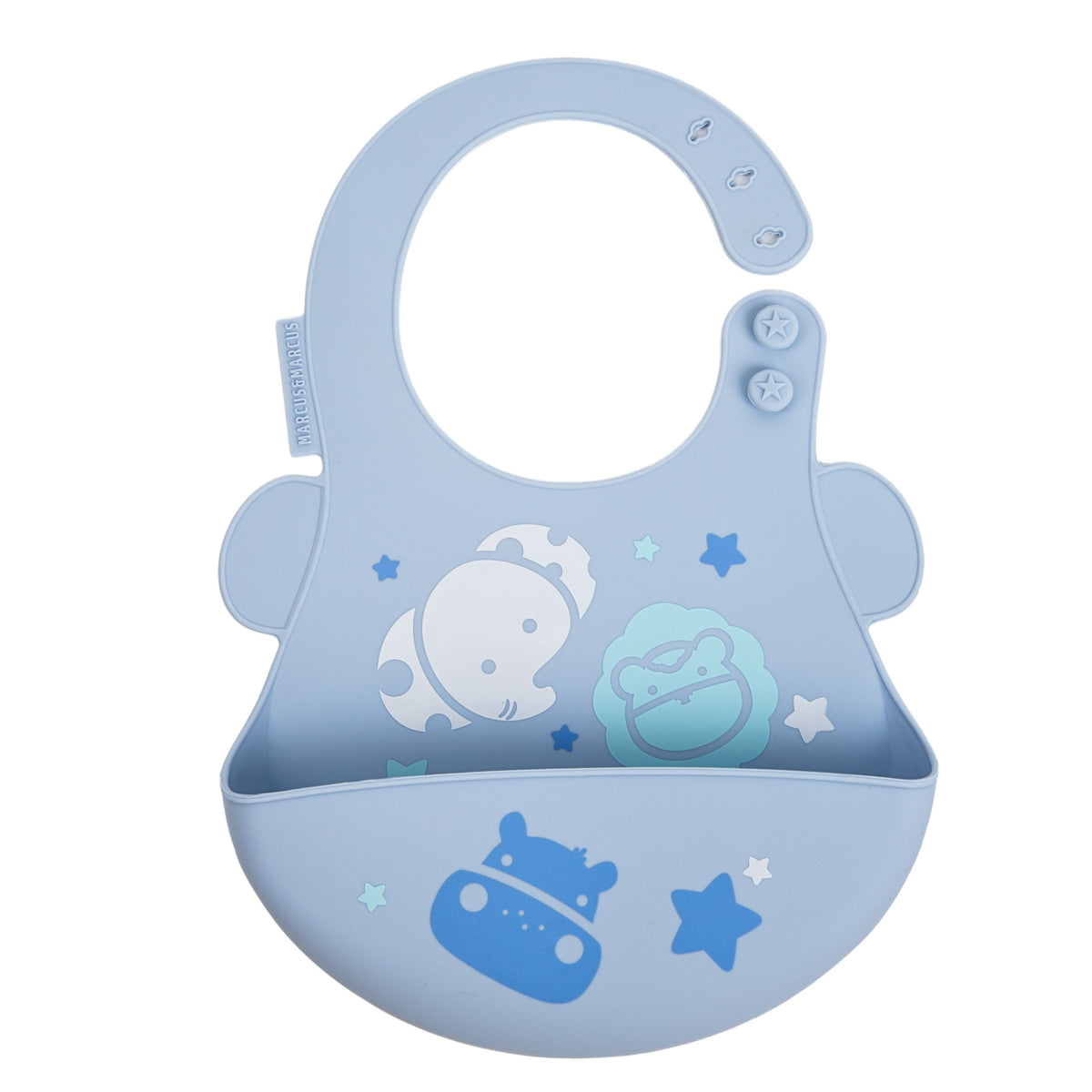 Marcus & Marcus pastel blue silicone baby bib with a wide mouth cup, featuring cartoon animal and star illustrations in darker blue and mint green, shown on a plain white background.