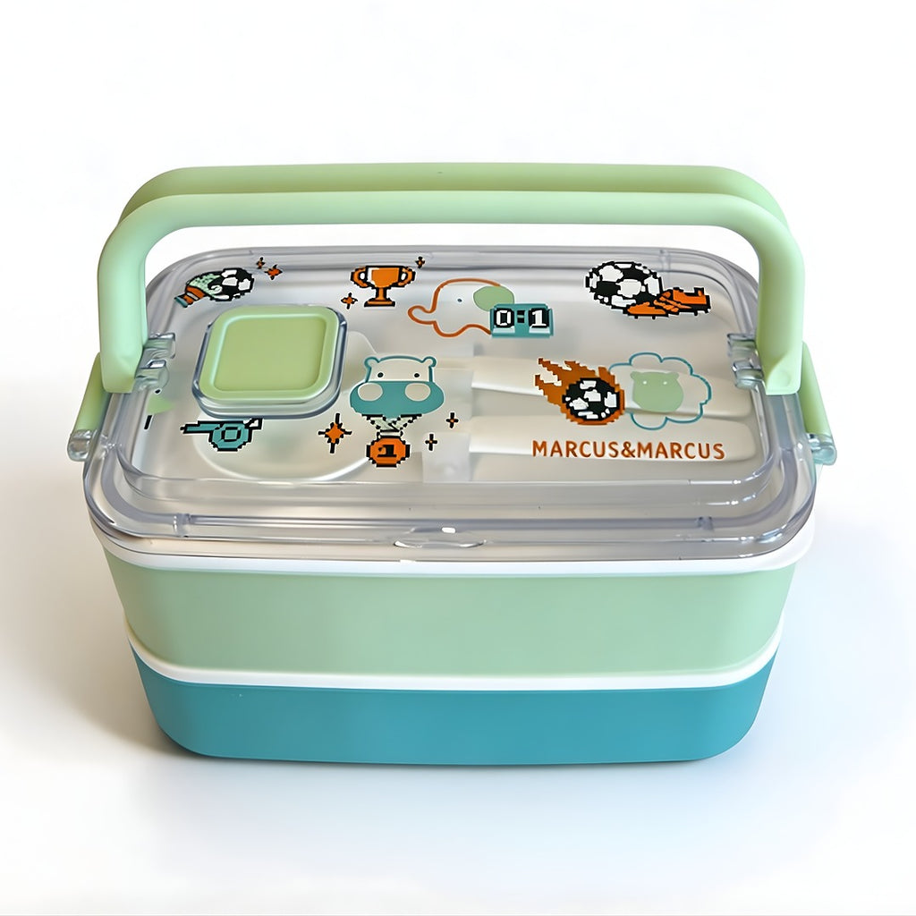 Duodeck 2-Layer Stainless Steel Lunch Box with Handle – Stackable Bento Box – Pink Bloom & Green Football Pixel