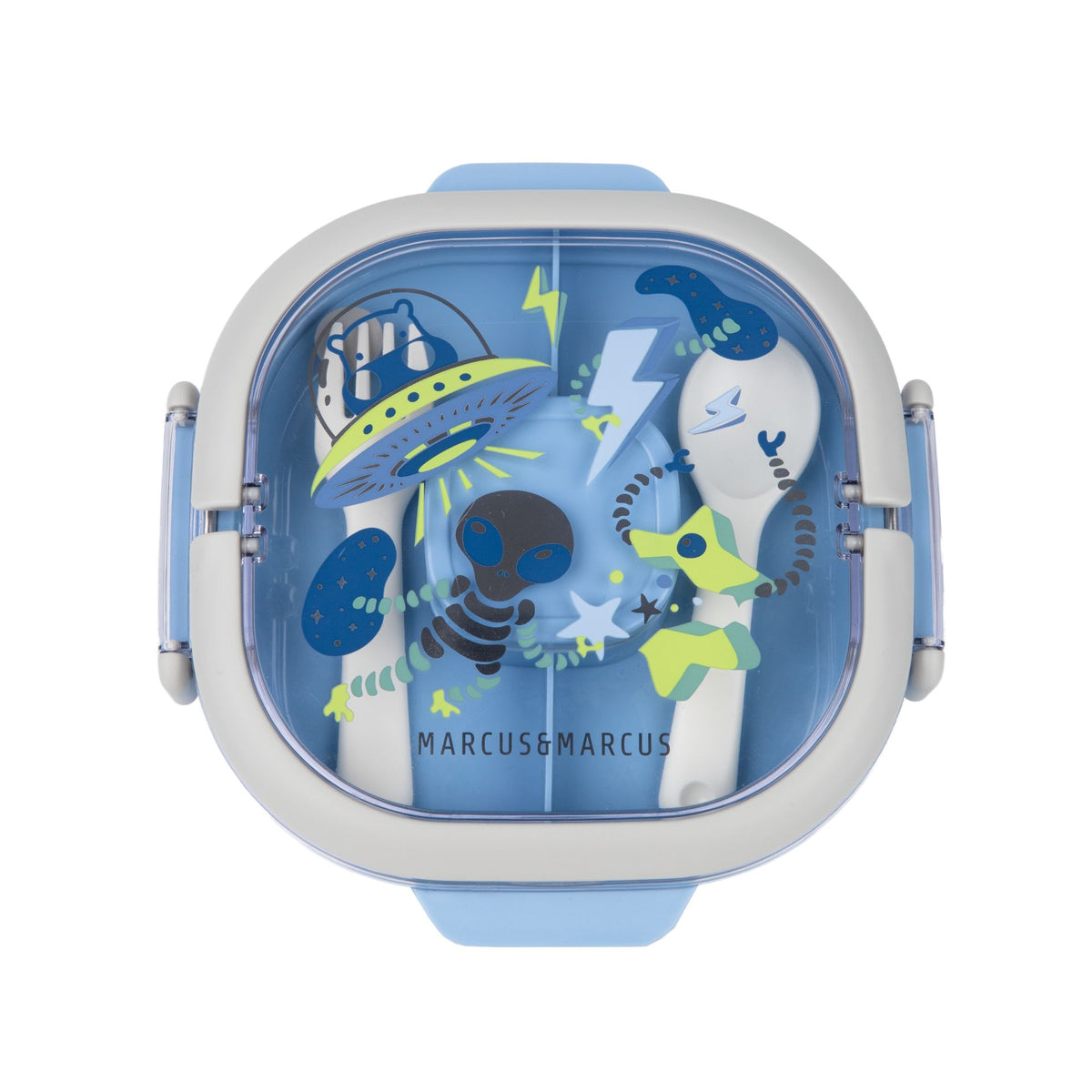 Marcus & Marcus lunchbox light blue with cartoon aliens, stars, and a UFO 