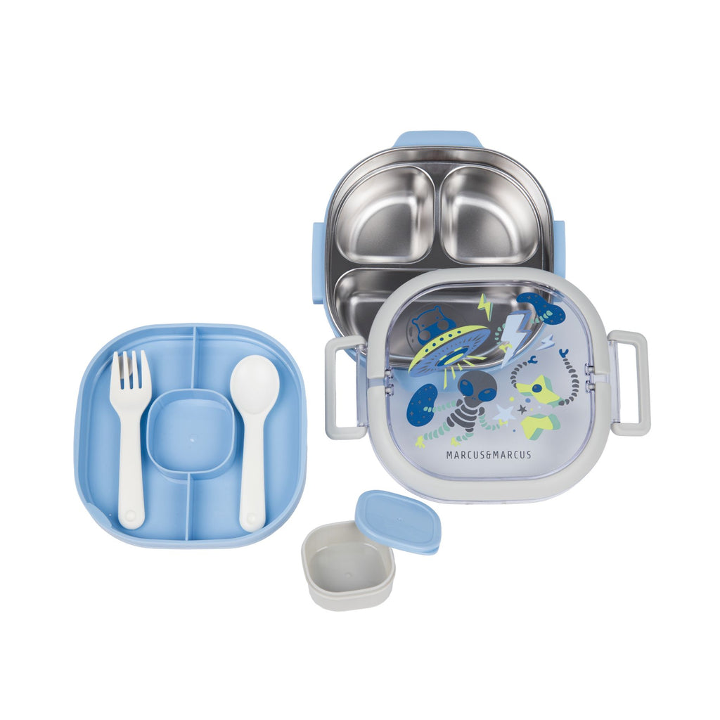 Marcus & Marcus stainless steel lunch box set with a 3-compartment divided tray, a small round container, fork and spoon 