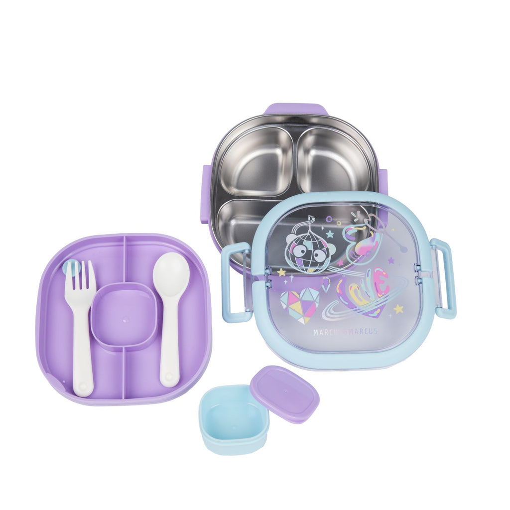 Marcus & Marcus lunch box set with a stainless steel 3 divided tray, a purple compartment tray with fork and spoon