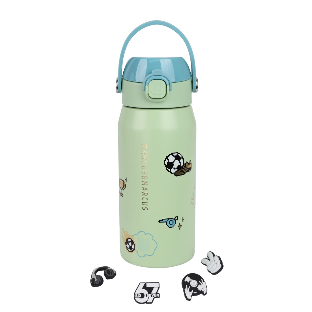 A light green insulated water bottle with a light blue lid and carrying handle, decorated with soccer ball and cloud graphics. The brand name 'MARCUS' is printed vertically on the bottle.