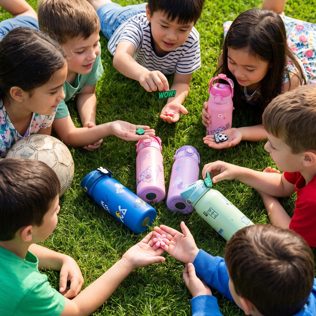 A group of children sitting on green grass outdoors, gathered around several colorful reusable water bottles. The children are holding small game pieces, and the water bottles in the center are blue, pink, purple, and light green with cartoon designs.