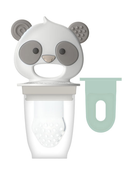 Marcus & Marcus silicone baby fruit feeder featuring a  panda-shaped teether with textured ears 