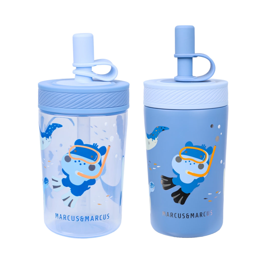 Marcus & Marcus water straw tumbler with cartoon shark graphics, one stainless steel and one PP