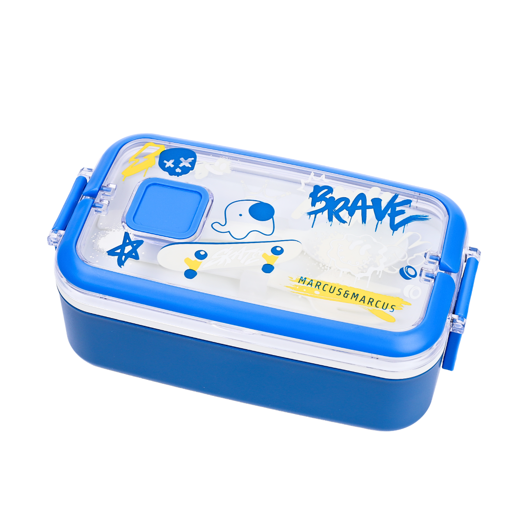 A blue lunch box with a clear lid decorated with cartoon graphics, including an elephant, stars, and the words 'BRAVE' and 'MARCUS & MARCUS'.