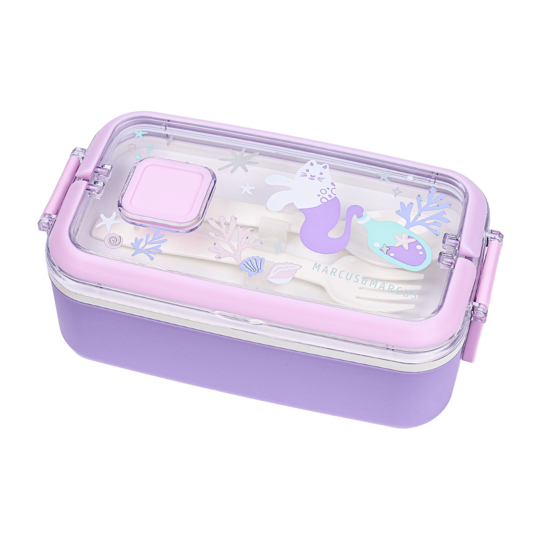 A lavender purple rectangular lunch box with a clear lid, decorated with mermaid and sea-creature illustrations. Inside, a matching pink and white plastic utensil set is visible.