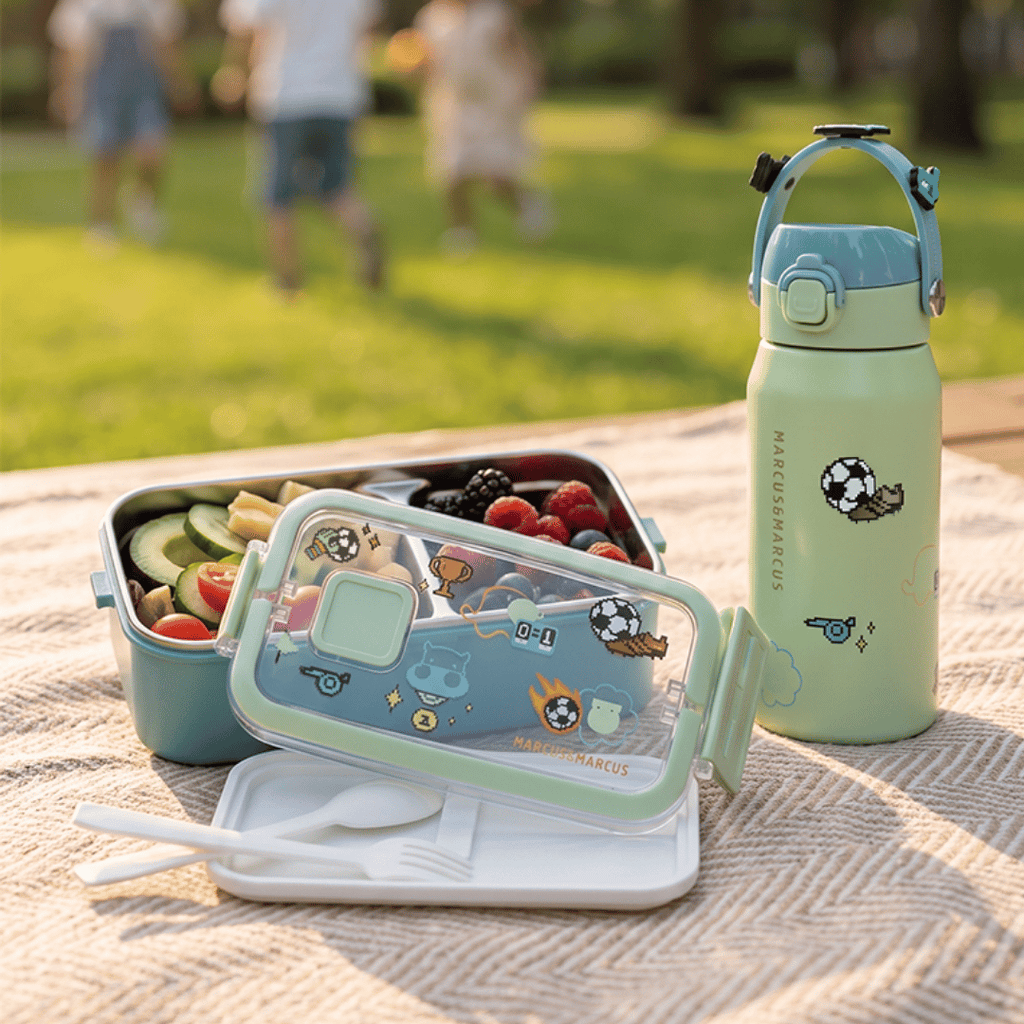 A light green and white kids' lunch set with a reusable bottle and bento box, styled on a picnic blanket in a sunny park with children blurred in the background.